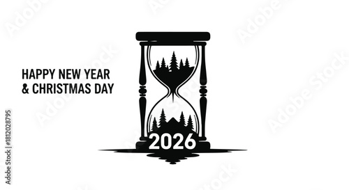 Vintage hourglass with city skyline and trees inside, symbolizing the passage of time into the new year 2026