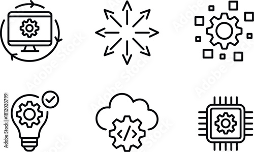 Data science and artificial intelligence line icon set