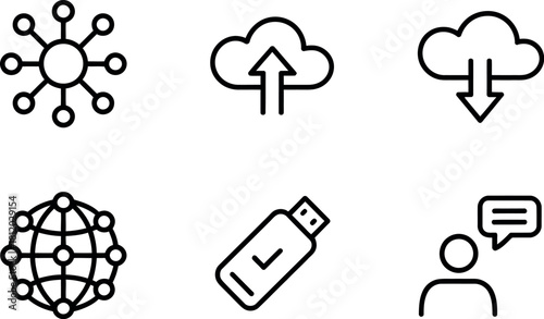 Set of six linear icons about data and communication