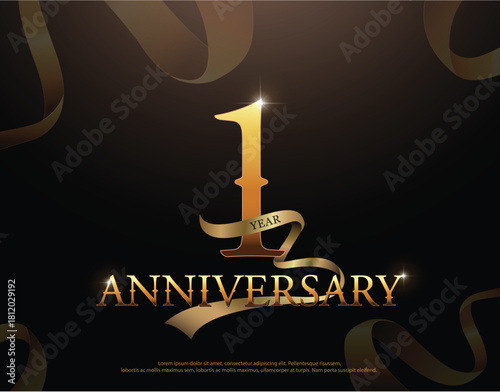 1 year anniversary celebration logotype template. 1st logo with ribbons on black background