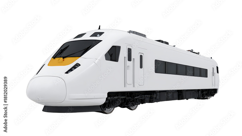 Naklejka premium Modern white passenger train with yellow accent, streamlined design, large windows, and sleek exterior, isolated on transparent background, representing fast transportation and innovation