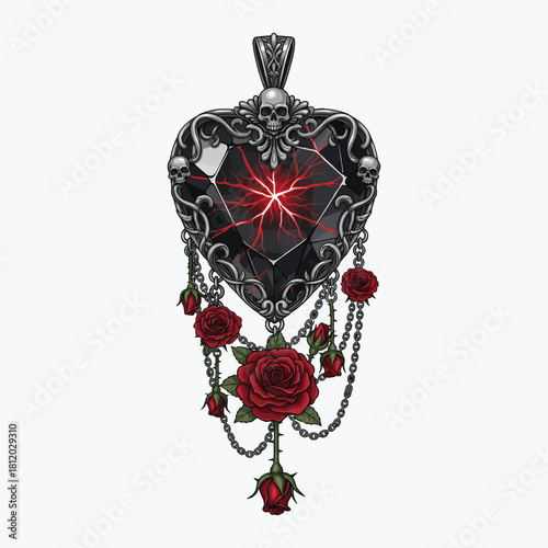 Illustration of a gothic-style heart-shaped pendant with red roses and chains on a white background.