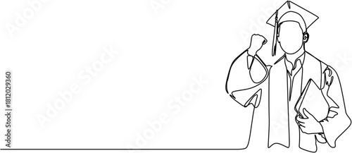 Continuous line drawing. Excited male graduate holding notebook. Vector illustration.