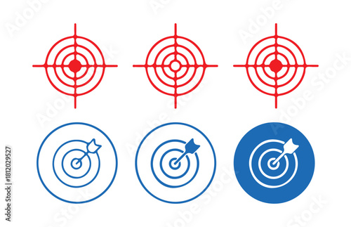 Collection of red and blue target icons with arrows and crosshairs vector graphic illustration