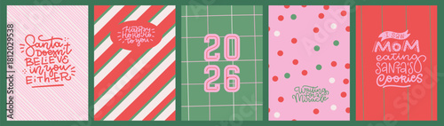 Set of Merry Christmas and Happy New Year cards with funny lettering. Collection of abstract quirky greeting cards, posters, holiday covers. Xmas Design with geometric decor. Flat hand drawn vector.