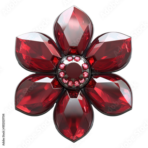 Red gemstone flower ornament isolated on white transparent background