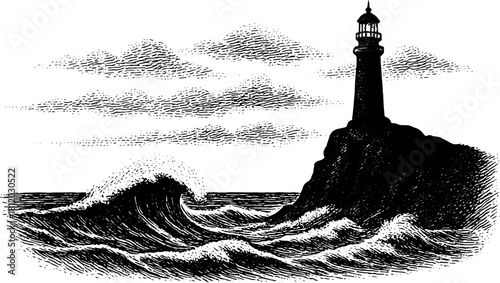 Vintage Retro Lighthouse Engraving, Ocean Waves and Rocky Coastline, Vector Illustration Transparent Background Maritime Wall Art Printable
