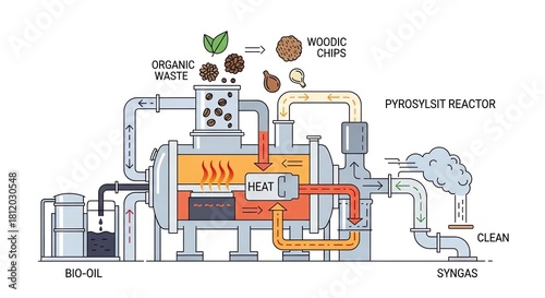 Diagram illustrating the pyrolysis process converting organic waste and wood chips into bio-oil and clean syngas using a reactor.
