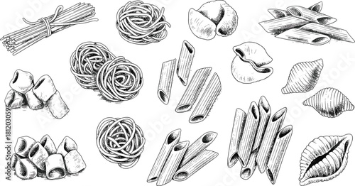 Detailed black and white sketch of various pasta types including penne, spaghetti, fusilli, shells, and tagliatelle for culinary design