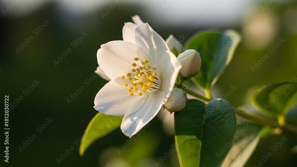 Obraz premium Close-up of a delicate white jasmine flower in bloom.