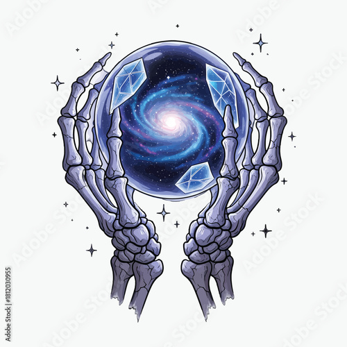 Illustration of skeleton hands holding a glowing galaxy crystal ball with blue gemstones and stars on a white background.