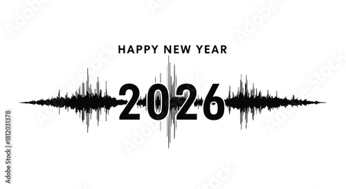 Happy New Year 2026 with an abstract sound wave graphic celebrating the future