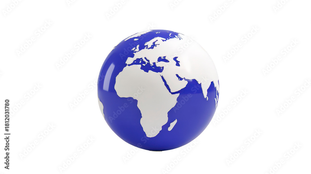 Fototapeta premium Blue and white globe with Africa, Europe, and Asia visible, isolated on transparent background, symbolizing global connection, geography, and environmental awareness