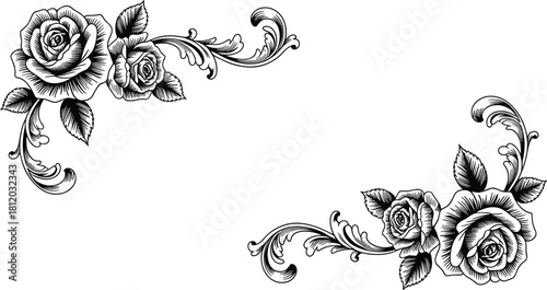 Elegant black and white floral corner ornament with detailed rose flowers and decorative leaves for vintage frame or invitation design
