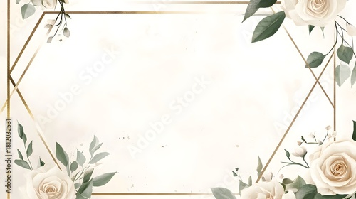 Elegant geometric frame adorned with soft white roses and delicate green foliage accents