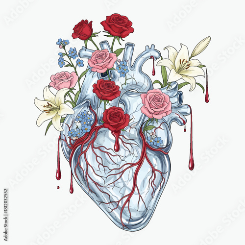 Illustration of a human heart with vibrant flowers and blood vessels on a white background