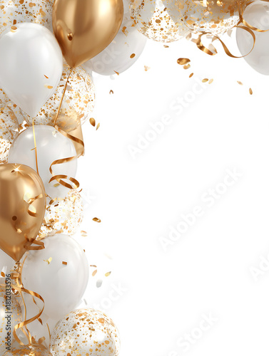 Golden and white balloons with confetti on black background