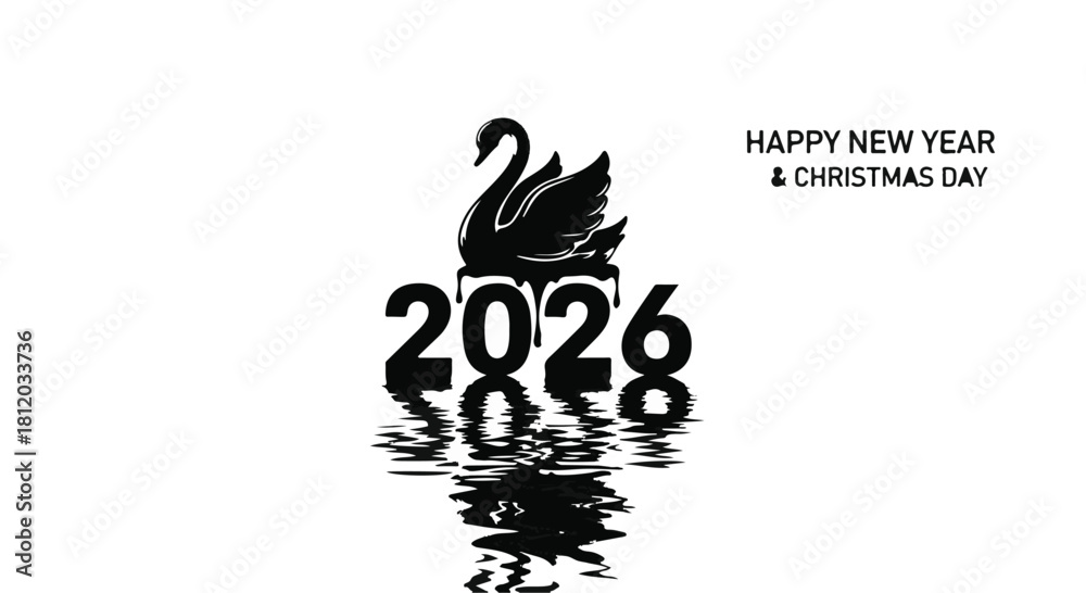 Obraz premium Elegant black swan atop bold 2026 numbers, symbolizing new beginnings and festive celebration with reflection.