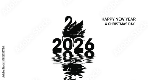 Elegant black swan atop bold 2026 numbers, symbolizing new beginnings and festive celebration with reflection.