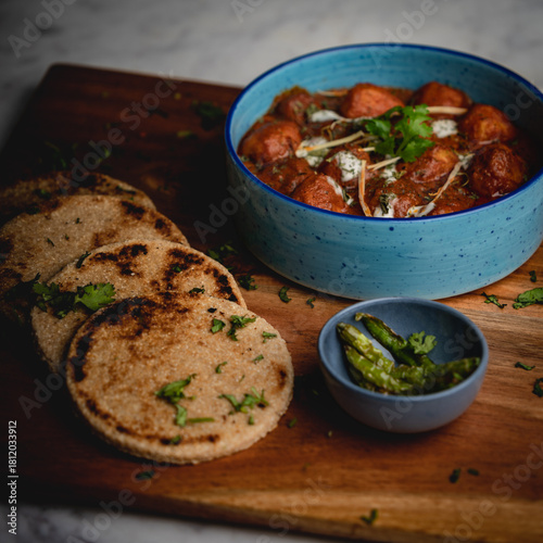 Thick, hard flatbread served alongside rich, aromatic korma—an indulgent pairing from traditional Indian cuisine.