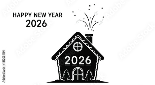 Festive house celebrates the arrival of the new year with fireworks and a cheerful greeting.