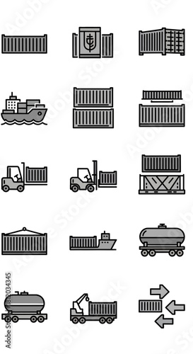 Black and White Shipping and Transportation Icons Set, Including Containers, Ships, and Trucks.