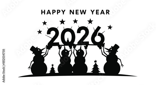 Joyful snowmen celebrate the arrival of the new year 2026 with festive cheer.