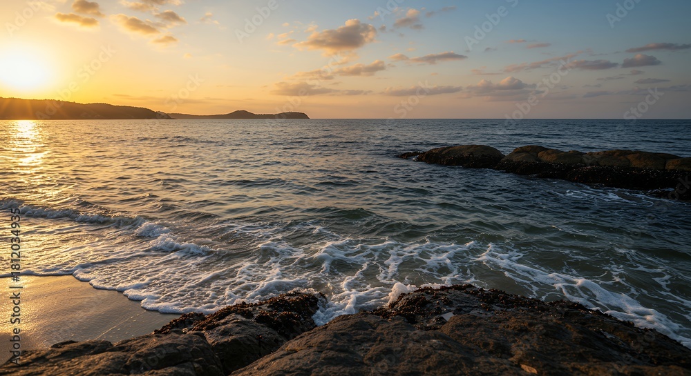 Obraz premium Sunset Over Ocean and Coastline