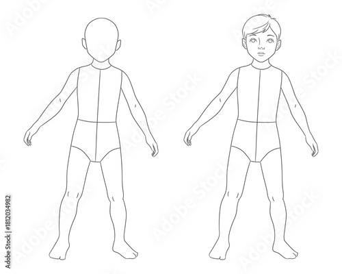 Vector fashion figure template of a 3–4-year-old child in front view. Ideal for kidswear design, technical drawings, flat sketches, apparel templates, and children’s clothing illustration.
