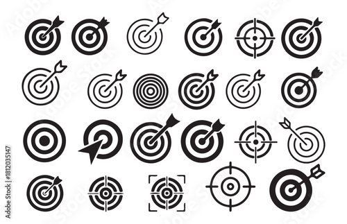 Set of black target and arrow icons aiming for success and business goals