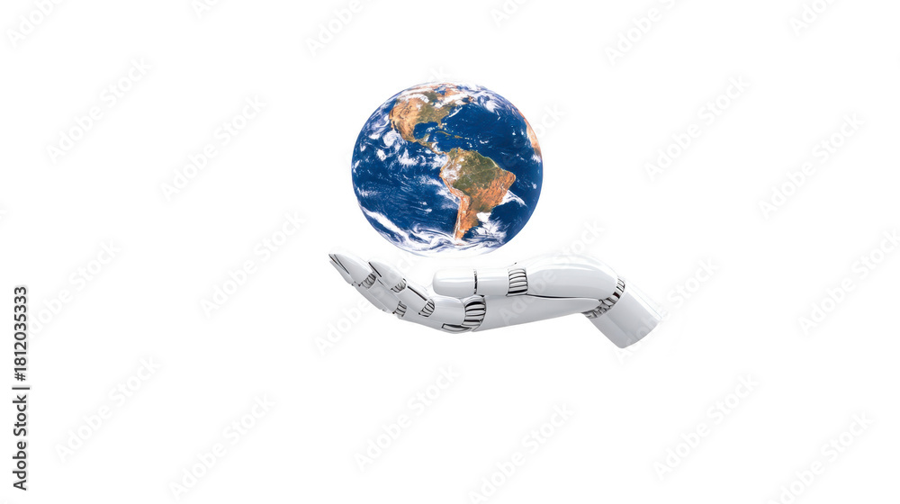 Fototapeta premium Robotic hand holding Earth, symbolizing artificial intelligence, technology, global connection, innovation, and futuristic progress with sense of hope and responsibility