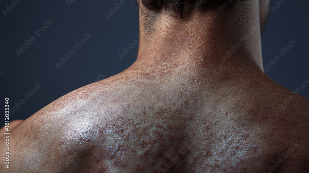 Naklejka premium Ultra real macro of upper back showing scattered irritation, red spots, inflamed skin, and visible pores under dramatic lighting, evoking discomfort and concern