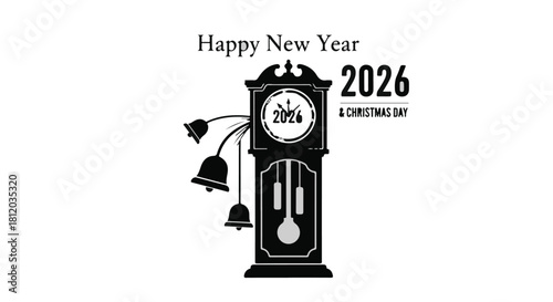 Festive grandfather clock striking midnight to welcome the New Year 2026 with joyful bells.