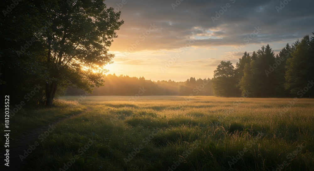 Fototapeta premium Sunrise Over a Grassy Meadow with Trees and a Path.