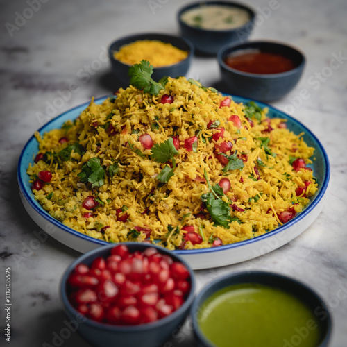 Poha Served with Anar Dana and Chutney – Indian Breakfast