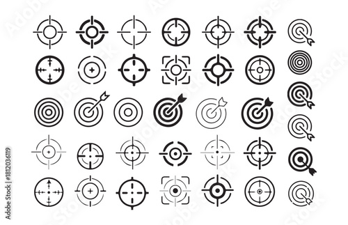 Set of black target and arrow icons aiming for success and business goals