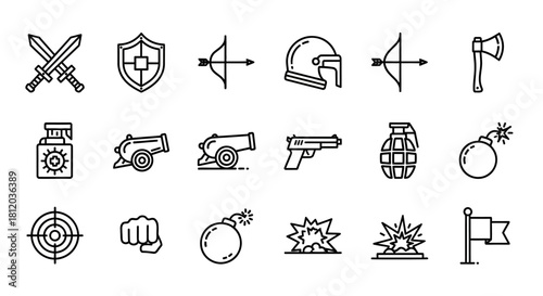 Black outline war and combat weapon icons set, featuring swords, shields, bows, cannons, grenades, and targets.