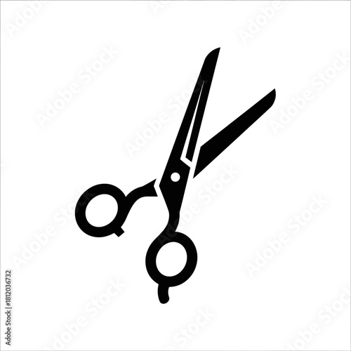 Black silhouette of open barber scissors, sharp blades ready for cutting hair.