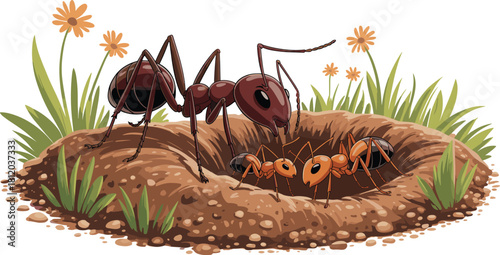Illustration of two ants communicating near their nest entrance in nature, teamwork, insect behavior, colony life, and ant habitat