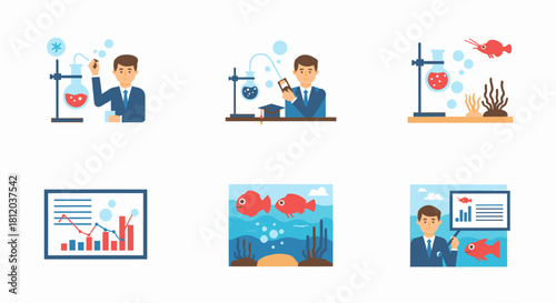 A set of illustrations showing a scientist conducting experiments, analyzing data, and an aquarium scene with fish.