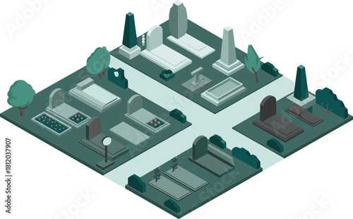 Isometric 3D illustration of a cemetery with tombstones, monument obelisk, gravestones, pathways, and peaceful memorial garden landscape