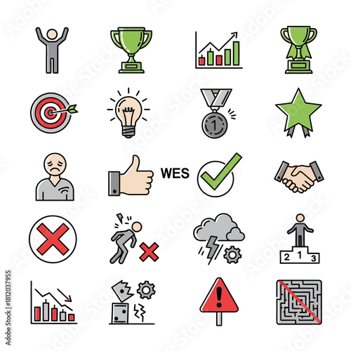 Business Success and Failure Icon Set with Trophies, Charts, and Handshakes.