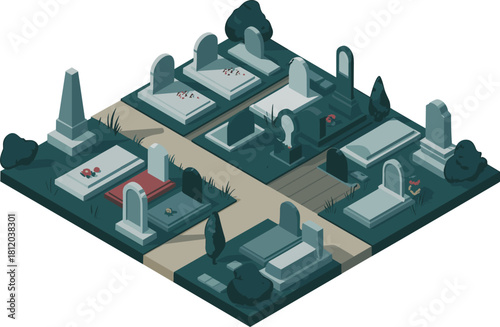 Isometric 3D illustration of a cemetery with tombstones, monument obelisk, gravestones, pathways, and peaceful memorial garden landscape