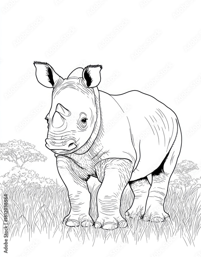 Fototapeta premium Line drawing of a rhinoceros calf standing in tall grass outdoors