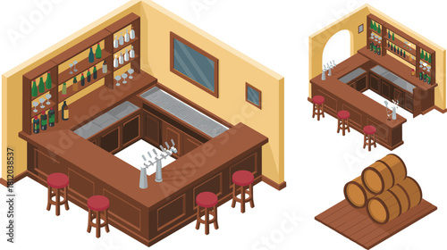 Isometric 3D illustration of a classic wooden bar interior with stools, beer taps, liquor bottles, and vintage barrels for decoration