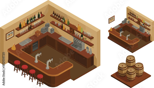 Isometric 3D illustration of a classic wooden bar interior with stools, beer taps, liquor bottles, and vintage barrels for decoration