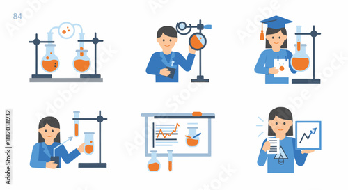 Scientists conducting experiments with beakers, flasks, and charts in a lab setting.