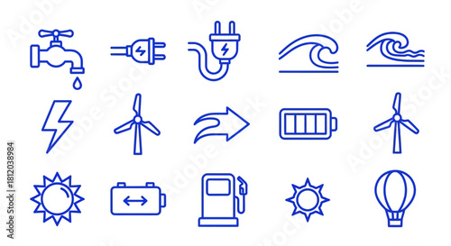 Clean Energy Icons - Water Tap, Plug, Waves, Lightning, Windmill, Arrow, Battery, Sun, Gas Pump, Balloon.