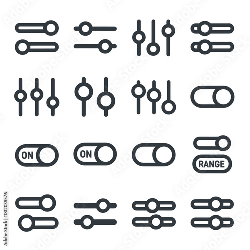 Black and white outline icons of various UI sliders, toggles, and adjusters for settings.