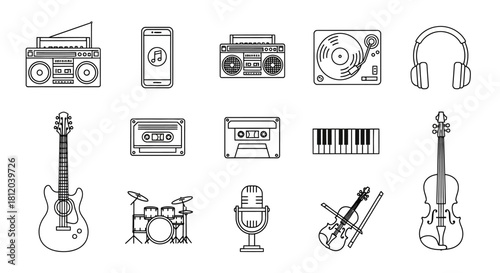 Hand-Drawn Music Instruments and Devices Collection in Black and White.